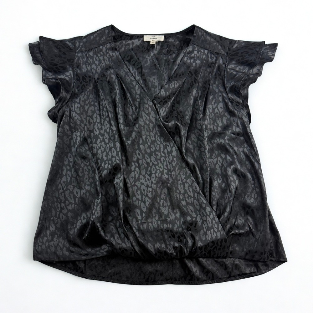 Anthropologie Entro Satin Blouse Womens M Black Tonal Leopard Flutter Sleeve
